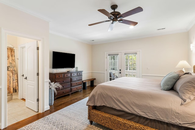 bedroom featuring ceiling fan, access to exterior, crown molding, and hardwood / wood-style floors