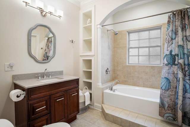 full bathroom with ornamental molding, vanity, tile patterned flooring, and toilet