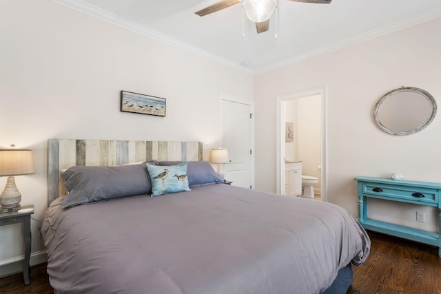 bedroom featuring ornamental molding, ceiling fan, ensuite bathroom, and dark wood-type flooring