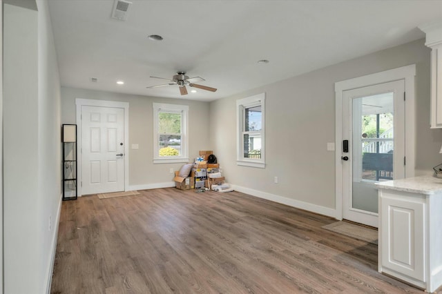 foyer featuring ceiling fan and wood-type flooring