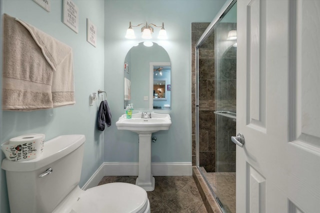 bathroom with tile patterned floors, a shower with door, and toilet