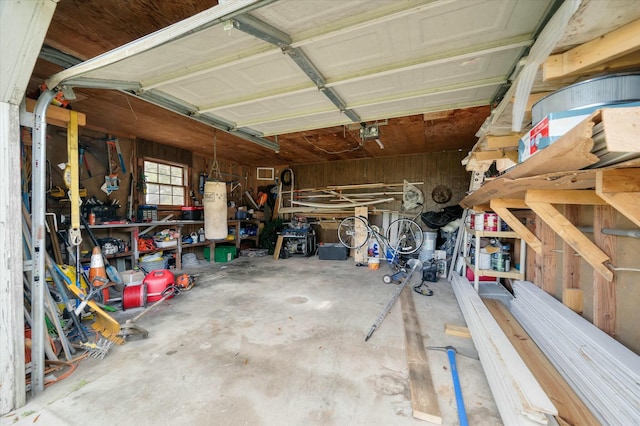 garage with wood walls