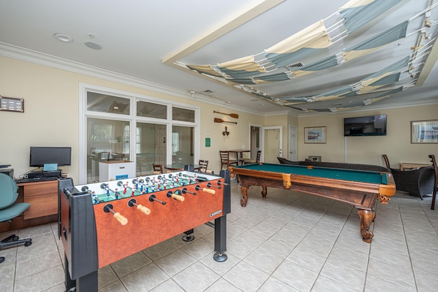 recreation room with crown molding, pool table, and tile patterned floors