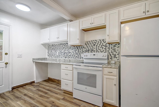 kitchen with light stone counters, light wood-style flooring, white appliances, white cabinetry, and tasteful backsplash