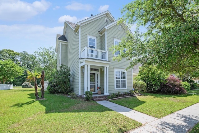 view of front of property featuring roof with shingles, a balcony, and a front yard