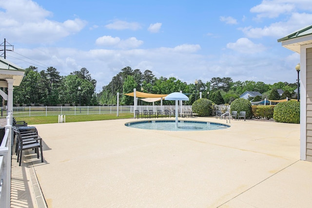 view of pool with fence, a fenced in pool, and a patio