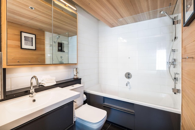 full bathroom featuring wooden ceiling, toilet, vanity, and shower / bathing tub combination