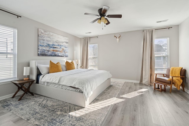 bedroom featuring light wood finished floors, baseboards, multiple windows, and visible vents