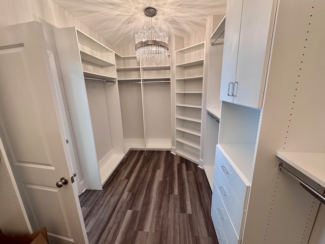 walk in closet with a chandelier, lofted ceiling, and dark wood-type flooring