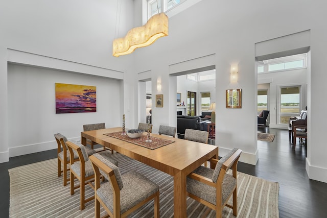 dining room with baseboards, a high ceiling, and dark wood finished floors
