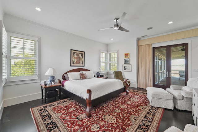 bedroom with baseboards, recessed lighting, ornamental molding, and access to exterior