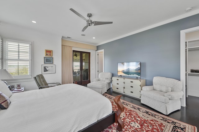 bedroom featuring visible vents, ornamental molding, access to outside, recessed lighting, and a ceiling fan