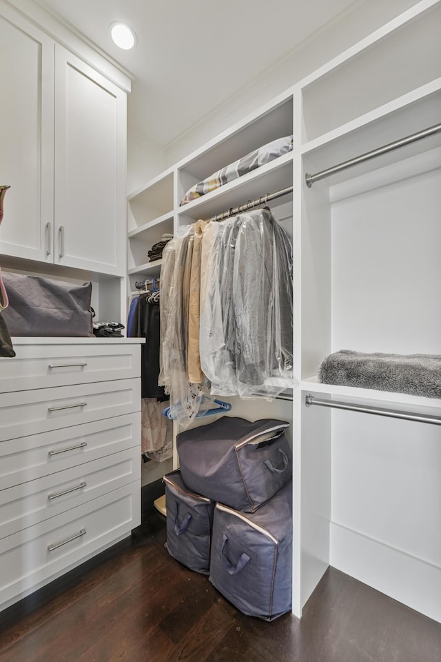 walk in closet featuring dark wood-style flooring