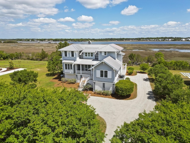 drone / aerial view featuring a water view