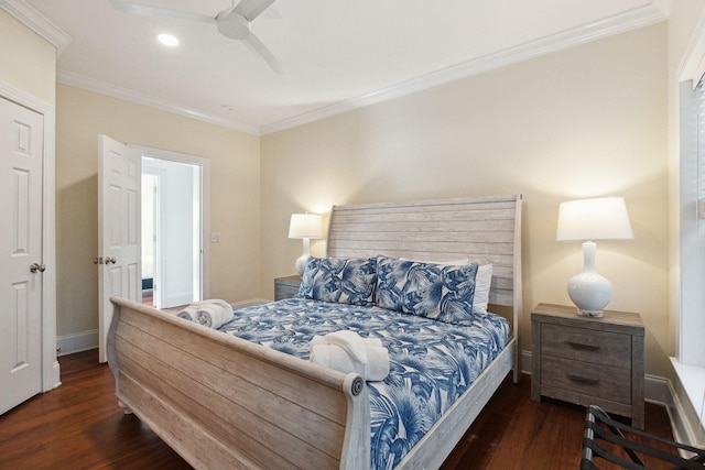 bedroom featuring crown molding, ceiling fan, and dark hardwood / wood-style flooring