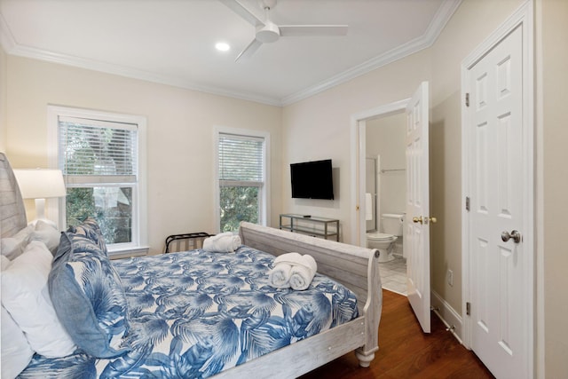 bedroom featuring crown molding, ceiling fan, and dark hardwood / wood-style flooring