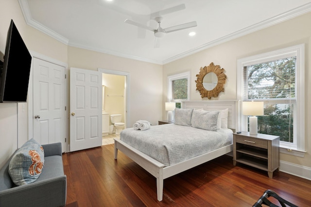 bedroom with multiple windows, crown molding, ceiling fan, and dark hardwood / wood-style flooring