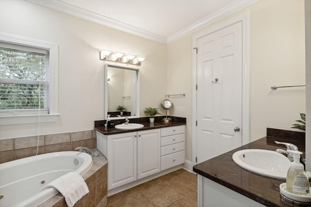 bathroom with tile floors, double vanity, a relaxing tiled bath, and ornamental molding