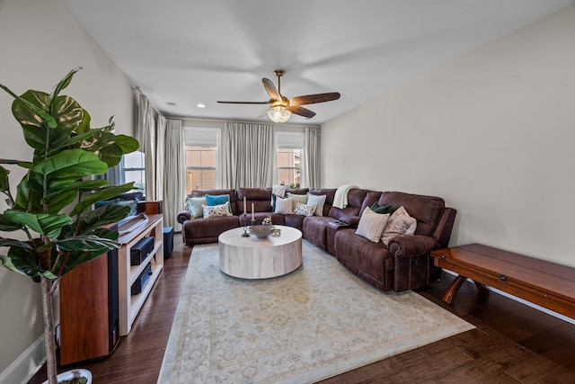 255 Saxony Loop, Summerville, SC 29486 - living area with a ceiling fan, dark wood-style floors, and recessed lighting