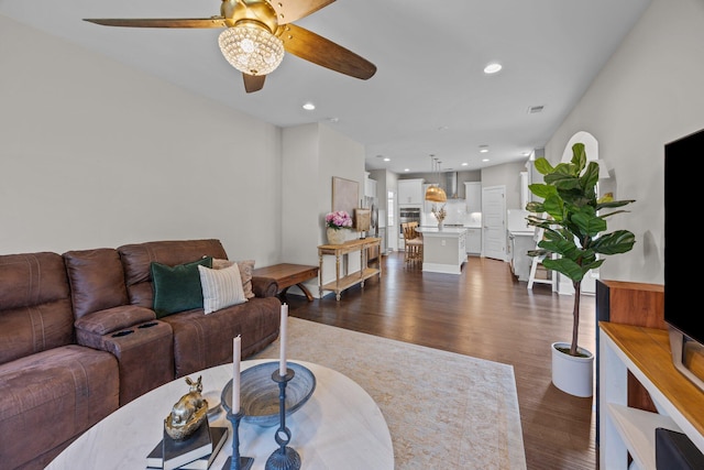 255 Saxony Loop, Summerville, SC 29486 - living room featuring ceiling fan, dark wood finished floors, and recessed lighting