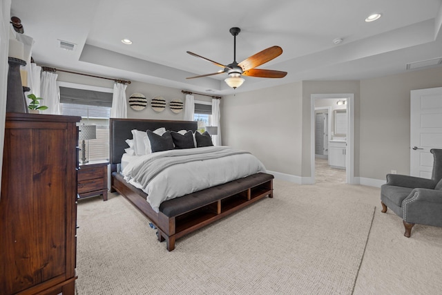 255 Saxony Loop, Summerville, SC 29486 - bedroom with light carpet, baseboards, a tray ceiling, recessed lighting, and ceiling fan