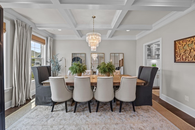 255 Saxony Loop, Summerville, SC 29486 - dining room with a chandelier, wood finished floors, baseboards, coffered ceiling, and beamed ceiling
