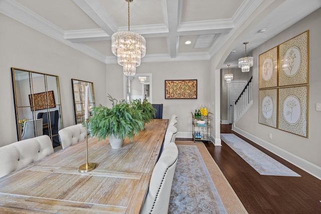 255 Saxony Loop, Summerville, SC 29486 - dining room featuring a chandelier, stairs, wood finished floors, coffered ceiling, and baseboards