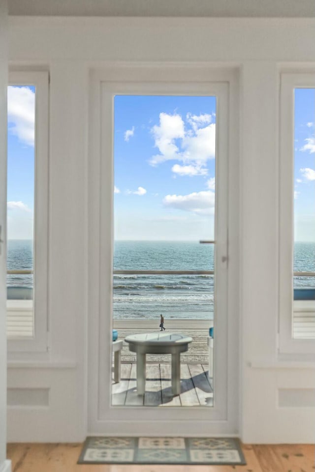 interior space featuring a water view and wood finished floors