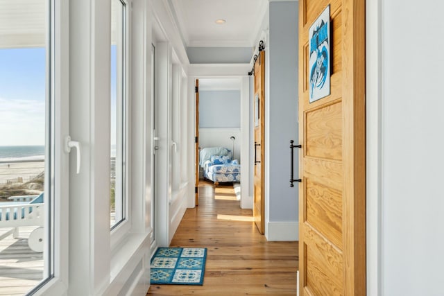 corridor featuring a water view, crown molding, light wood-style flooring, and a barn door