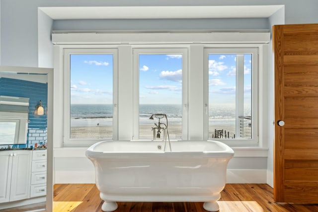 bathroom with a freestanding bath, plenty of natural light, and wood finished floors