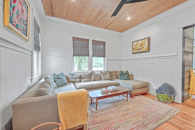 living room featuring wood ceiling, hardwood / wood-style floors, ceiling fan, and wooden walls