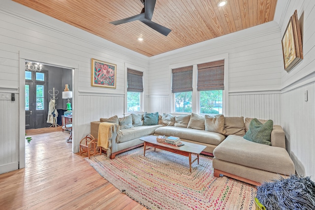 living room with wooden ceiling, french doors, ceiling fan with notable chandelier, and light hardwood / wood-style floors