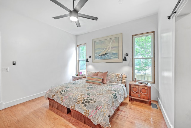 bedroom featuring light wood-type flooring and ceiling fan