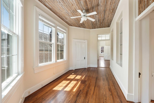 interior space with wood ceiling, hardwood / wood-style floors, baseboards, ceiling fan, and built in shelves