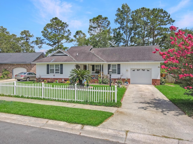 ranch-style house with a garage, a front yard, and a porch