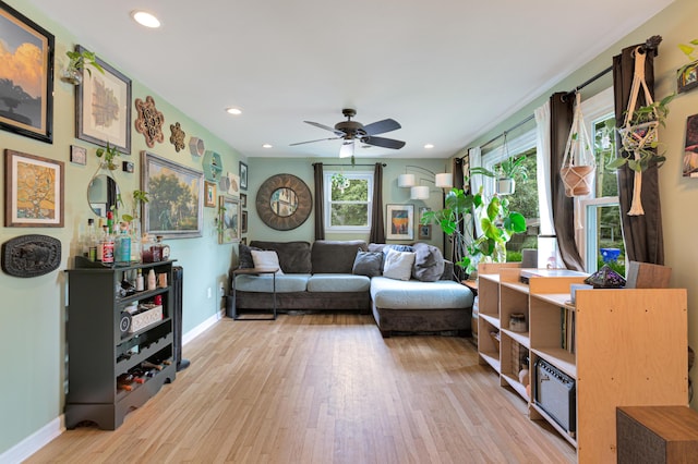 1549 N Avalon Cir, Charleston, SC 29407 - living room featuring light wood finished floors, baseboards, a ceiling fan, and recessed lighting