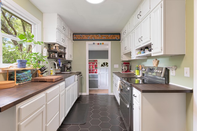 1549 N Avalon Cir, Charleston, SC 29407 - kitchen featuring appliances with stainless steel finishes, wooden counters, white cabinetry, a sink, and dark tile patterned floors