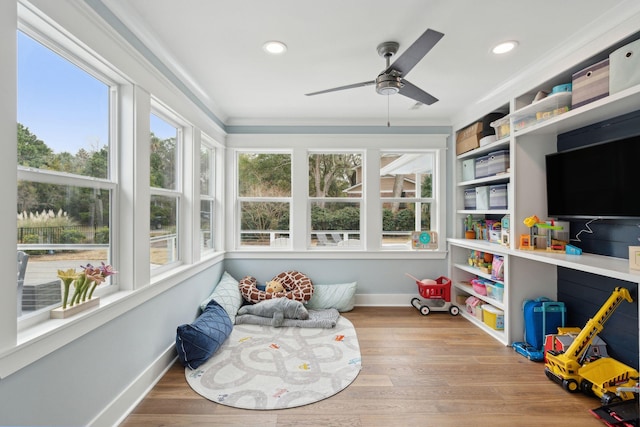 recreation room featuring hardwood / wood-style flooring, a wealth of natural light, and ceiling fan