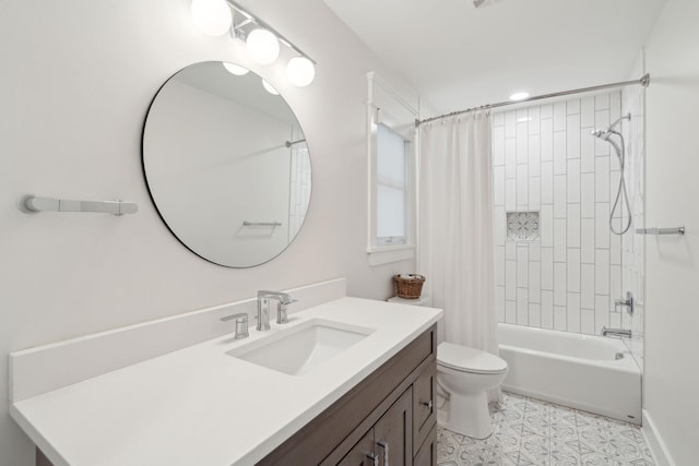 full bathroom featuring toilet, vanity, shower / bathtub combination with curtain, and tile patterned flooring