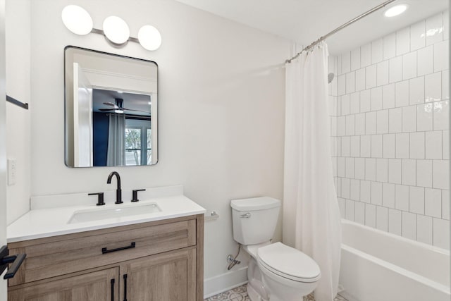 full bathroom with shower / tub combo with curtain, vanity, toilet, and ceiling fan