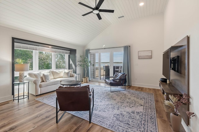 living area featuring ceiling fan, wood finished floors, high vaulted ceiling, wooden ceiling, and baseboards