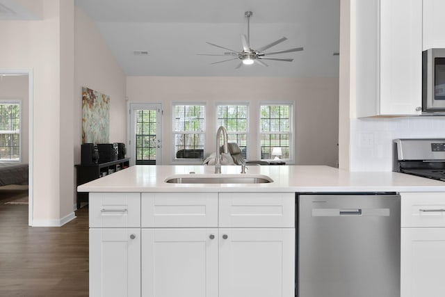 kitchen featuring dark wood-style flooring, a sink, stainless steel appliances, open floor plan, and lofted ceiling