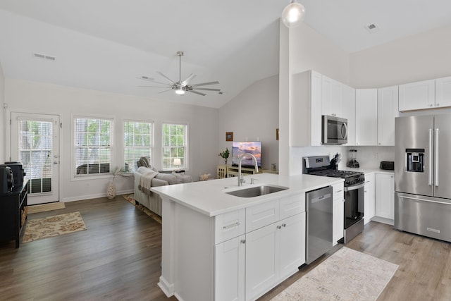 kitchen with a peninsula, light wood-style floors, open floor plan, a sink, and stainless steel appliances