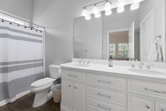 bathroom with double vanity, a sink, wood finished floors, and toilet