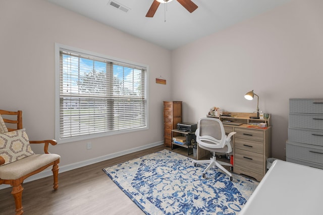 office area featuring visible vents, a ceiling fan, baseboards, and light wood-type flooring