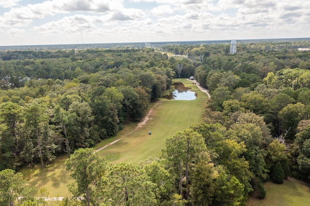 drone / aerial view featuring a water view and golf course view