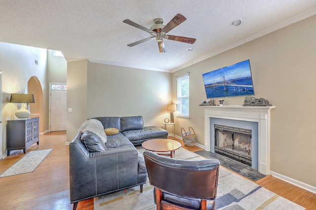 1972 Gray Battery Ct, Mount Pleasant, SC 29464 - living room with ceiling fan, wood finished floors, a textured ceiling, ornamental molding, and a fireplace
