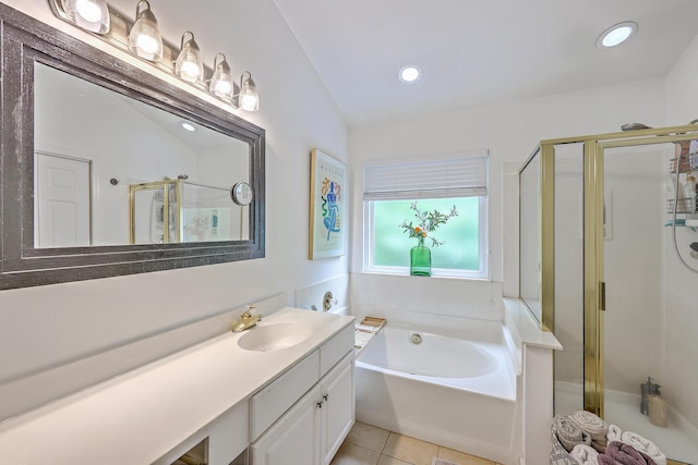 1972 Gray Battery Ct, Mount Pleasant, SC 29464 - full bath with a shower stall, vanity, a garden tub, tile patterned floors, and recessed lighting