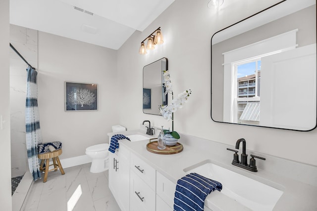 101 Hanover St, Charleston, SC 29403 - full bath featuring marble finish floors, double vanity, and curtained shower
