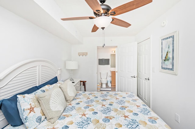 bedroom featuring ensuite bathroom and ceiling fan